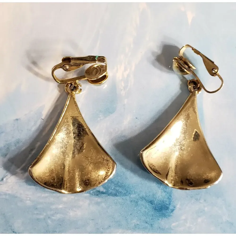 Vintage Dangle Clip on Earrings Gold‎ & Black Enameled 1.5